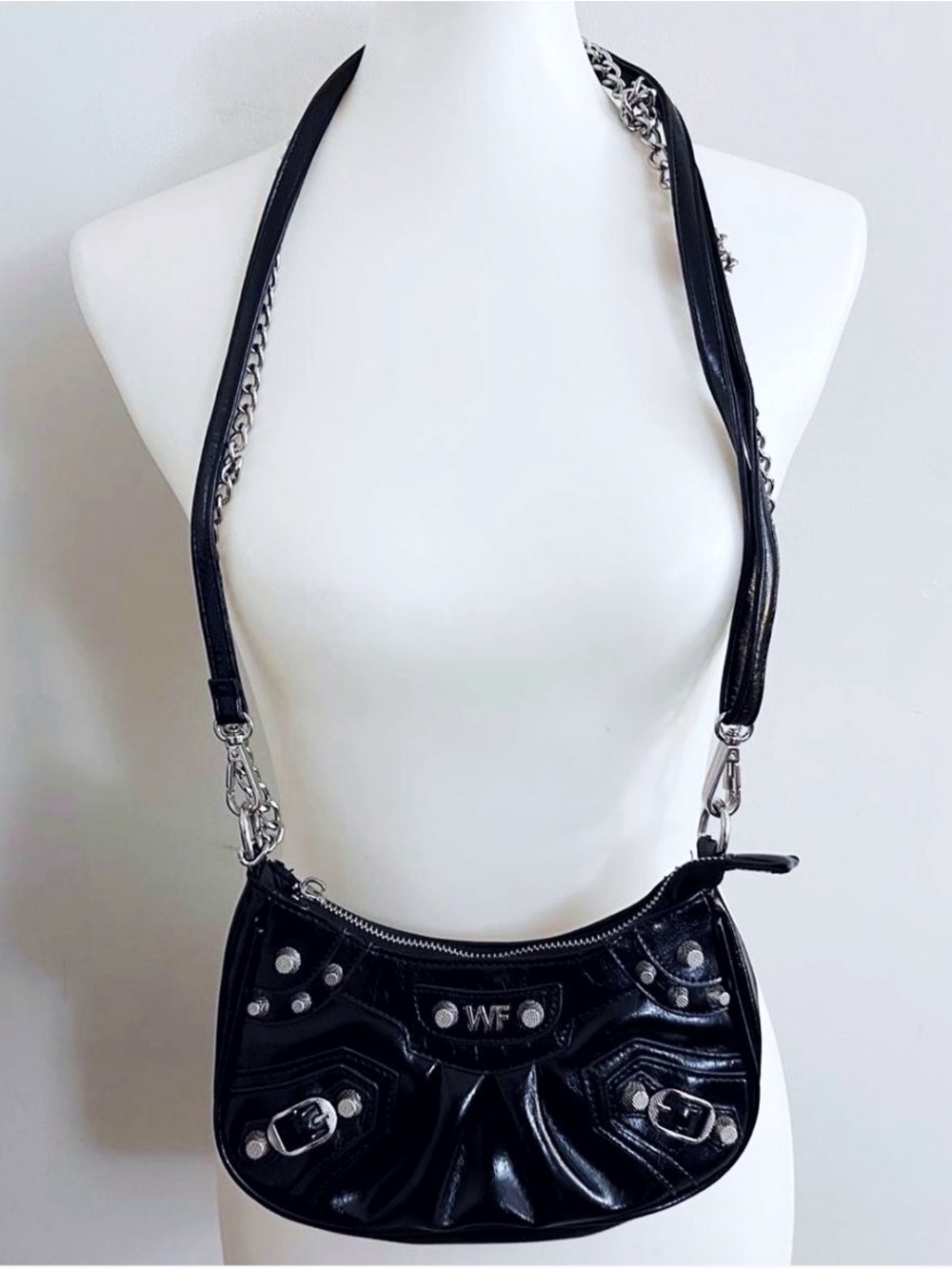 Y2K Black Moto Studded Biker Faux Leather Crossbody Bag Party Alt Whimsigoth